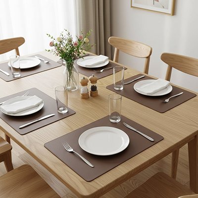 Set de table vert rectangulaire disposé sur une table en bois entourée de chaises en bois