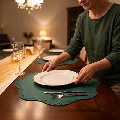 Set de table vert utilisé pour disposer une assiette blanche à bord doré.