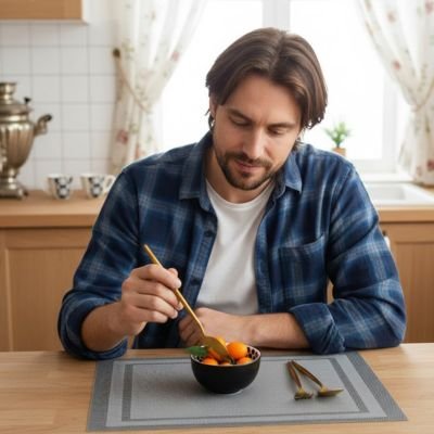 set de table utlise-par-un-homme-sur-lequel-il-deguste-son-bol-de-fruit