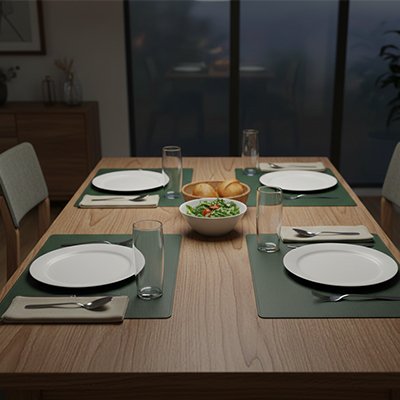 Table en bois avec un set de table vert pour quatre personnes dans une salle à manger lumineuse.