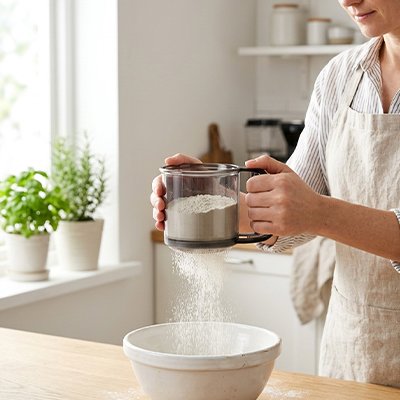 Tamis farine en plastique transparent idéal pour préparation pâtisserie.