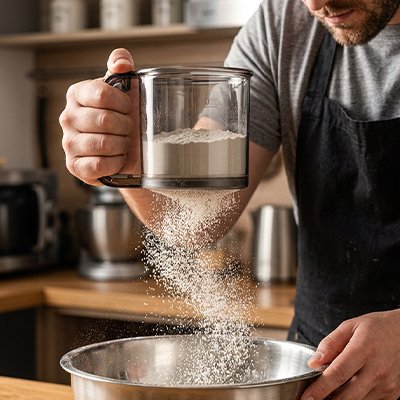 Tamis farine gradué facilitant dosage précis pour recettes pâtissières.