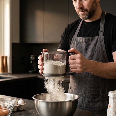 Tamis farine pratique pour tamiser rapidement ingrédients secs en cuisine.