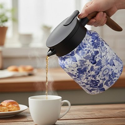 Théière avec infuseur versant du thé chaud dans une tasse en céramique sur un comptoir en bois.