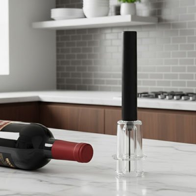 Tire bouchon design utilisé pour déboucher une bouteille à côté d’un verre de vin.