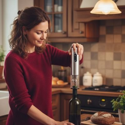 Tire bouchon électrique avec accessoires, utilisé pour ouvrir une bouteille de vin. 