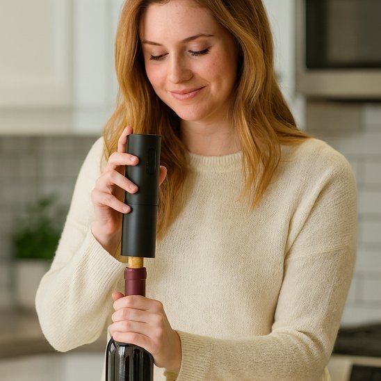 Tire bouchon électrique débouchant une bouteille de vin posée sur une table en bois.