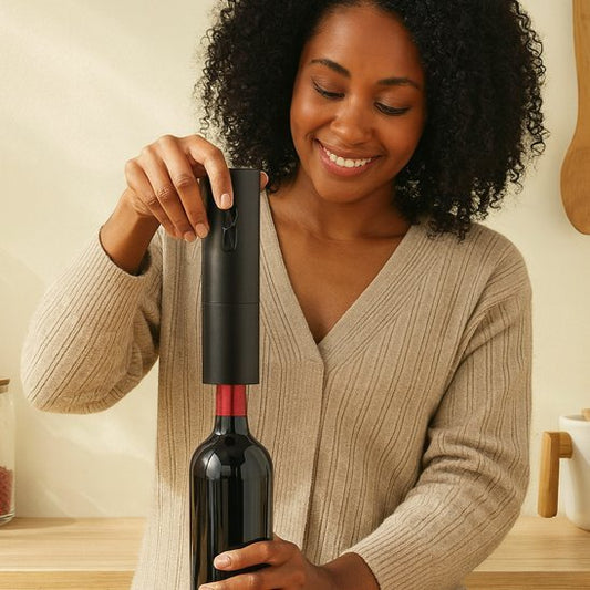 Tire bouchon électrique débouchant une bouteille de vin dans une pièce éclairée.