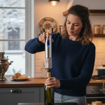 Tire bouchon électrique en action, ouvrant une bouteille de vin sur un plan de travail.