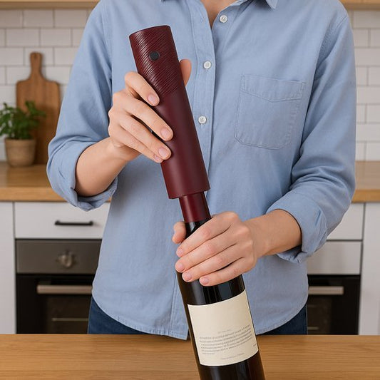 Tire bouchon électrique rouge ouvrant une bouteille de vin sur comptoir.