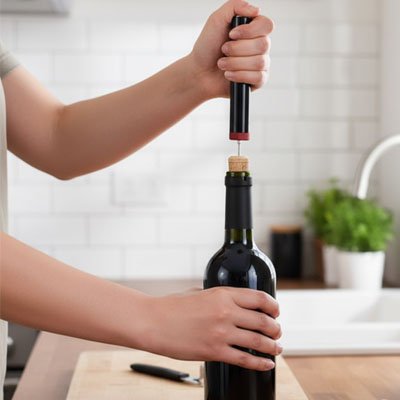 Tire bouchon manuel permettant d’ouvrir une bouteille de vin à côté d’un plateau apéritif.