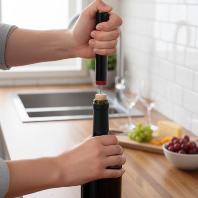Tire bouchon manuel utilisé pour ouvrir une bouteille de vin sur un comptoir de cuisine.