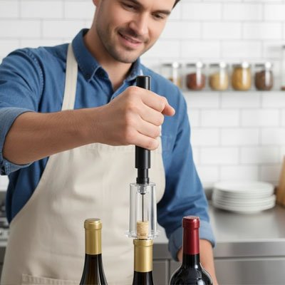 Tire bouchon moderne facilitant l’ouverture d’une bouteille de vin sur un plan de travail. 