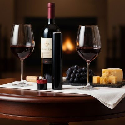 Tire bouchon robuste utilisé pour retirer un bouchon sur une table ave c une bouteille de vin et deux verre 