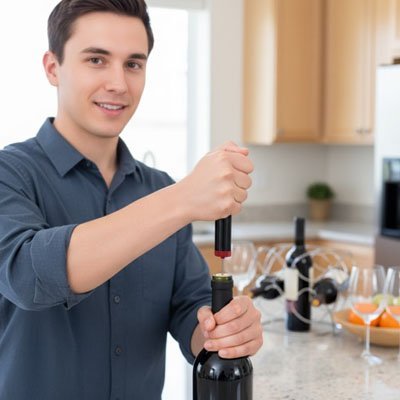 Tire‑bouchon métallique servant à extraire un bouchon de vin dans une cuisine moderne.