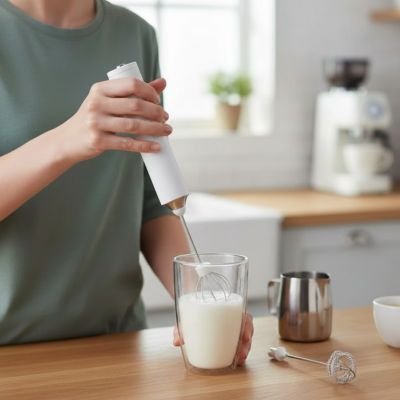 un homme entrain de mousser avec un mousseur a lait