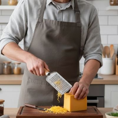  Un homme vêtu d'une chemise en train de râper un fromage avec une râpe à fromage 