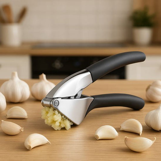 un-Presse-ail-a-manche-noir-pose-sur-une-table-de-cuisine
