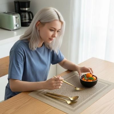 une-femme-assise-devant-un-set-de-table-tenat-une-cuiellere