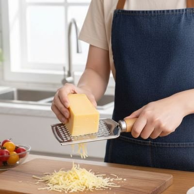 une femme montrant comment tenir une Rape a fromage 