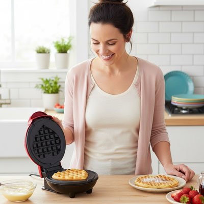 une_femme_ouvrant_un_gaufrier_avec_un_joli_sourrire