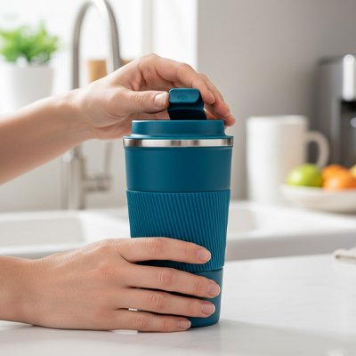 une-femme-ouvrant-un-Mug-isotherme 