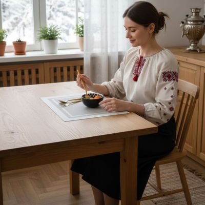 une-femme-souriante-devant-son-repas-pose-sur un set de table