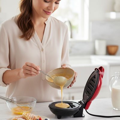 une femme souriante devant un gaufrier