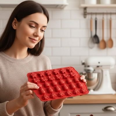 une femme souriante tenant un Moules en silicone de couleur rouge