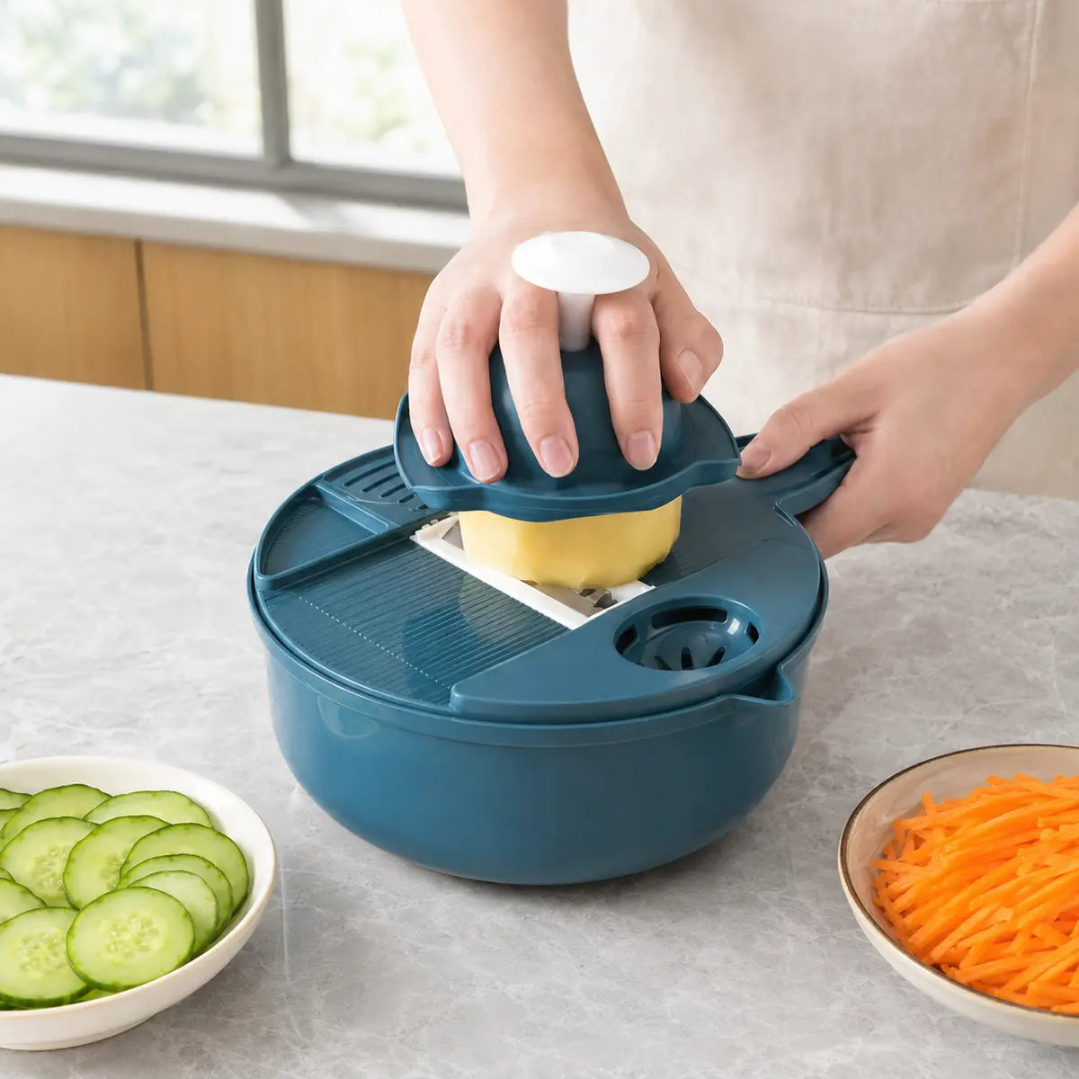Utilisation de la mandoline avec poussoir pour découper une pomme de terre