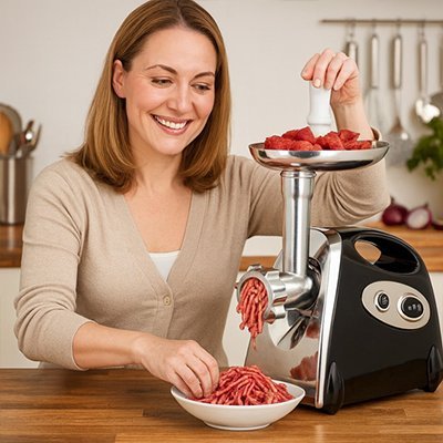 Viande fraîche passée au hachoir à viande dans une cuisine moderne.